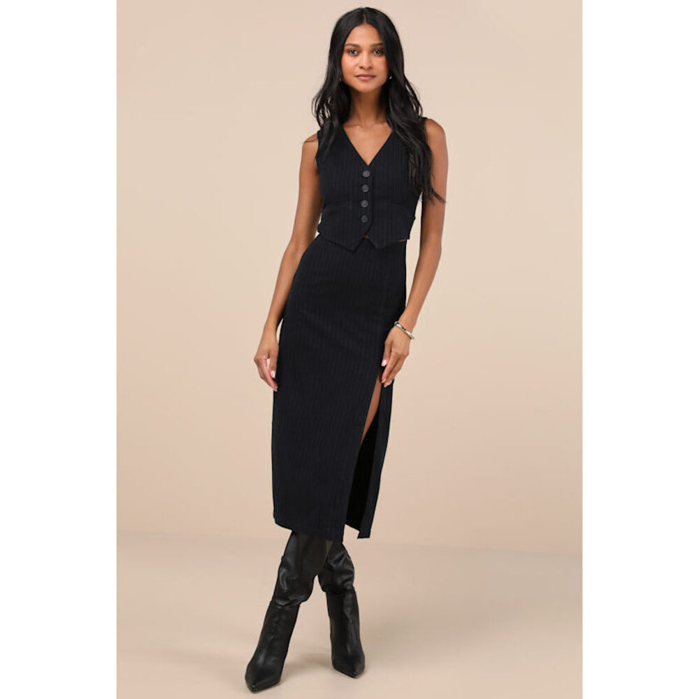 Lulus Posh Upgrade Navy Pinstriped Cutout Midi Dress Blue - Size S